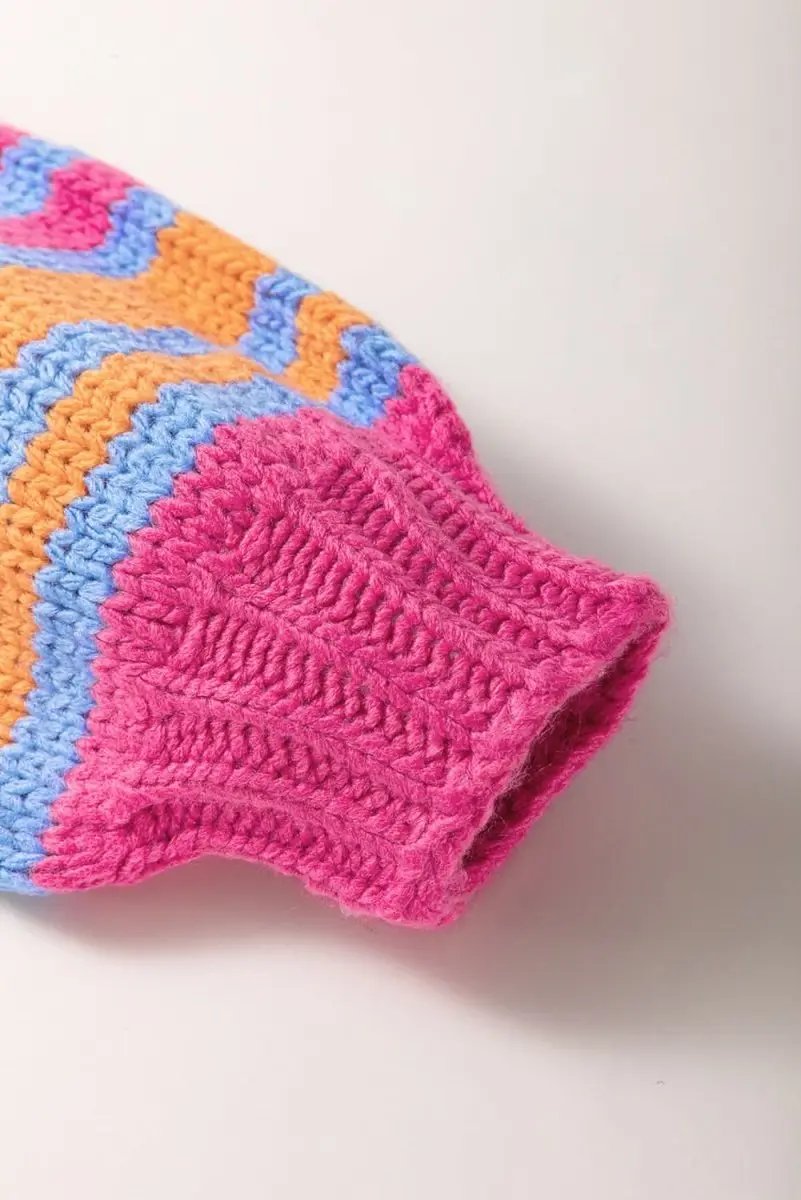 Rose Stripe Colorful Puff Sleeve Drop Shoulder Loose Cardigan - Love Salve